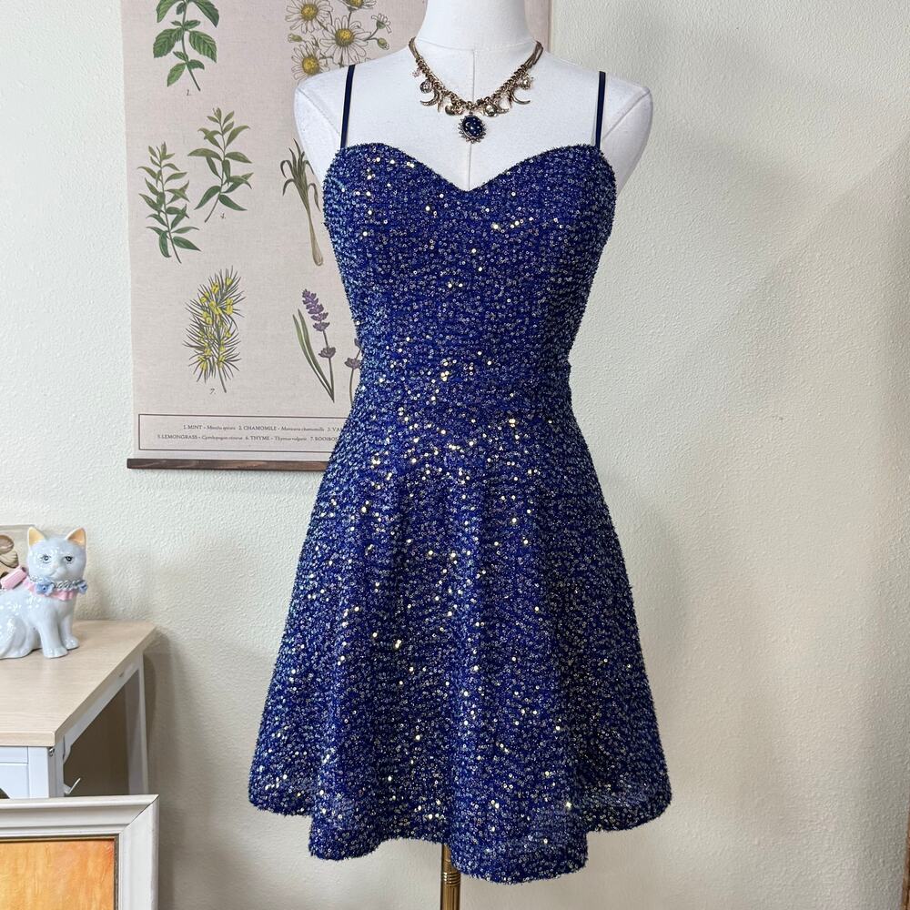 Blue Sequin Backless Mini Formal Party Dress Hoco Whimsigoth Glam Celestial 7/8